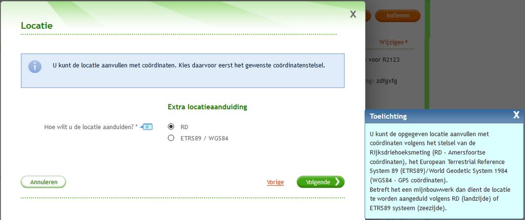 Deel 3: Vergunningcheck en aanvraag opstellen en indienen 6. Als vervolg op de optie 'Locatie op Noordzee, Waddenzee of IJsselmeer' kun je de locatie met verschillende coördinaten nader specificeren.