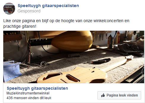 Like-advertentie Level Up heeft getest met een like-advertentie met de volgende tekst: Like onze pagina en blijf op de hoogte van onze winkelconcerten en prachtige gitaren!