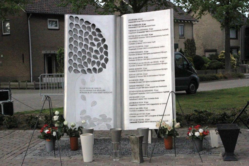 Het op 03-05-2015 mede door wethouder Van der Schoot van de gemeente Oss onthulde Herdenkingsmonument Oorlogsslachtoffers Berghem op de hoek van de Wilhelminasingel/Van den Heuvelstraat bevat