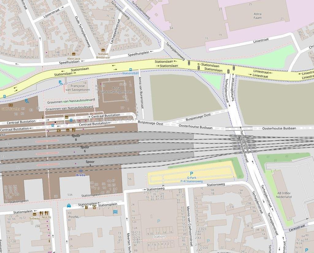 Stationslaan te Breda blad 3 2 VERKEERSKUNDIGE ANALYSE 2.1 Huidige verkeerssituatie Het plangebied Thes locatie is gelegen ten oosten van het Openbaar Vervoer Terminal Complex (OVTC).