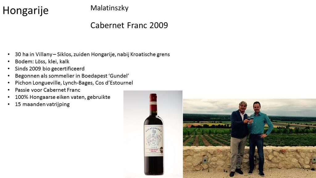 HONGARIJE : MALATINSZKY CABERNET FRANC 2009 Indrukken : - Donkerrode wijn, groot hart - Grote viscositeit - Grote geurintensiteit - Aroma s van cuberdon, framboos en