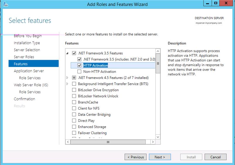 Klik op Onderdelen toevoegen. Opmerking Selecteer in Windows Server 2008 R2 de volgende opties:.net Framework 3.5-onderdelen.NET Framework 3.