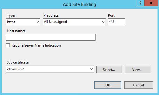 3 Voeg de HTTPS-binding toe met het certificaat dat u hebt gemaakt. a b c d Klik op Toevoegen. Selecteer https in het veld Type. Als u IIS 8.