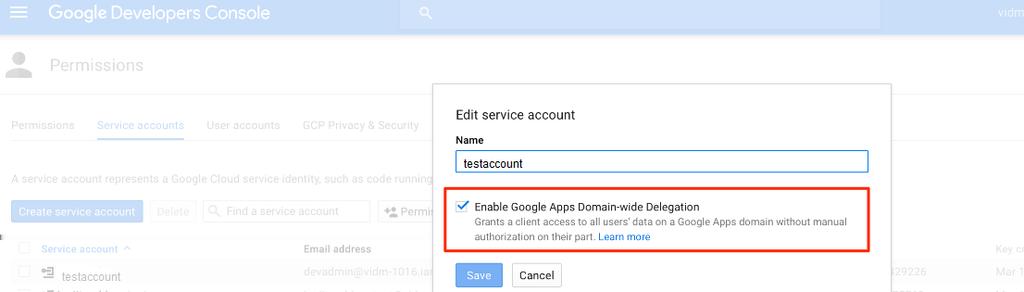 2 Nadat u het Google-serviceaccount hebt gemaakt, schakelt u domeinbrede delegatie van Google Apps in.
