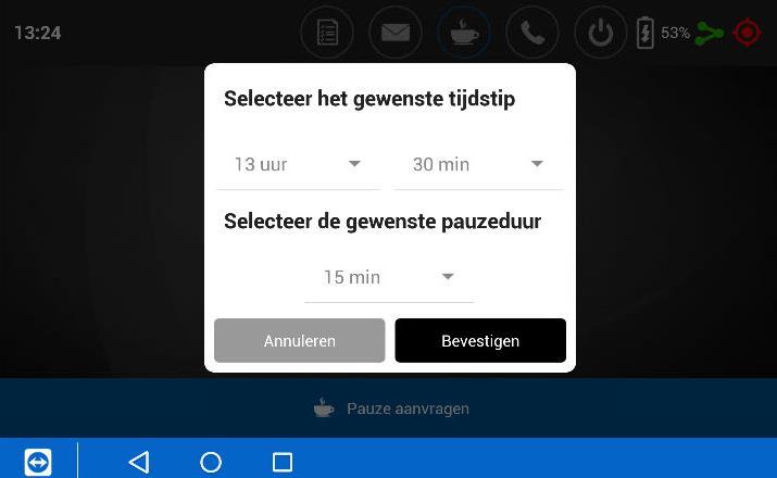 Na het kiezen van pauze aanvragen verschijnt het pop-up scherm om de