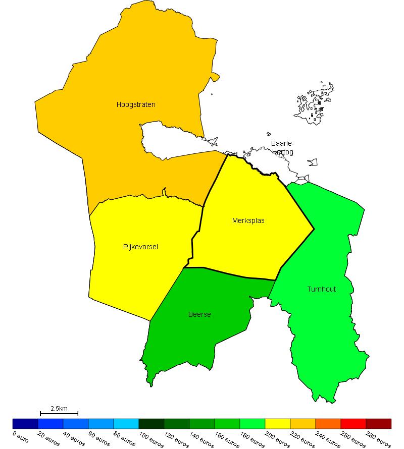 Vastgoed Prijs van bouwgrond in Merksplas en omgeving Gemiddelde prijs in e/m 2 van bouwgrond in Merksplas en omgeving Bron : Berekeningen van de ADSEI (FOD Economie) op