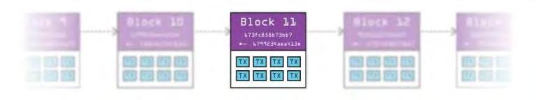 Pilaar 2: (transactie)informatie (blocks) Blokken waar de (transactie)informatie in zit De blokken zijn allemaal ondertekend (= hash).