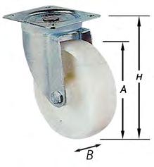 .8 Wielen Roues 462 Zwenkwiel in wit polyamide, te gebruiken op harde en gladde vloeren, vorkplaat in geper verzinkt aal met 2 kogelkransen. sgat met naaldlager. Voor gemiddelde belaing.