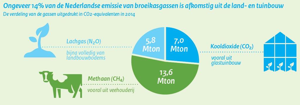 Broeikasgassen in de land- en tuinbouw Circa 14% emissie broeikasgassen Nederland