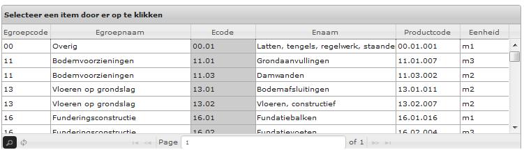 Na het aanklikken van Selecteer verschijnt een lijst met de elementen, gegroepeerd naar hoofdelement / of elementgroep.