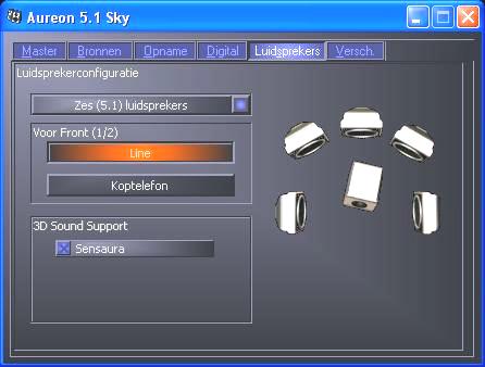 Het luidsprekervenster. Onder Luidspreker configureert u de 3D-faciliteiten van de Aureon 5.1 Sky. Belangrijk!