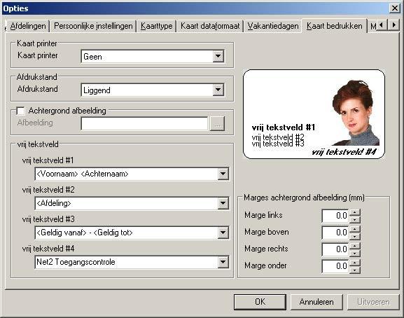 Vanaf versie 3.16 tot 4.09, toont een venster in het optie menu van de software hoe het kaart beprinten geconfigureerd moet worden.