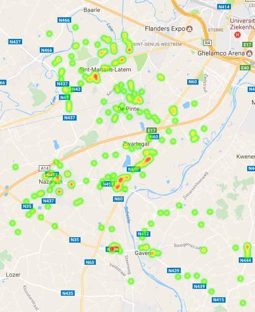 Waar & wanneer heatmap locaties pogingen en effectieve inbraken 2016 Op deze kaart wordt duidelijk dat vooral de