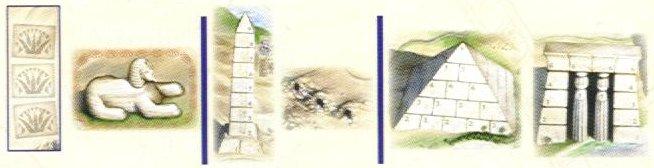 5. Bouwen Nu worden de 3 bouwplaatsen van boven naar onder afgehandeld. De speler mag per bouwplaats (sfinx + obelisk/graver + piramide/tempel) steeds maar 1 bouwploeg inzetten.