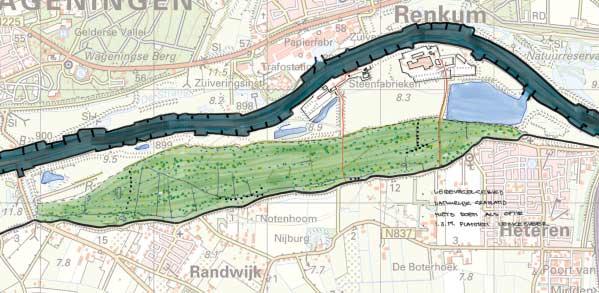 De steenfabrieken bij Heteren, de toegangswegen en de kades vormen rivierkundige knelpunten die apart in de blokkendoos zijn opgenomen.