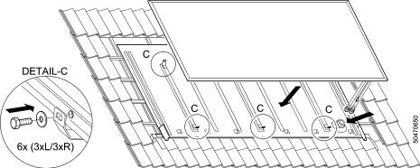 Plaats de afwerkstrip strak tegen de kopse kant van de dakintegratie plaat, schroef de afwerk strip vast. (Detail B) Zaag het doorvoergat door het dakbeschot.