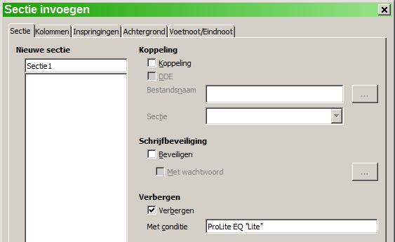 3) Vink Verbergen uit en klik dan op OK. U kunt nu de inhoud van de sectie bewerken. Daarna kunt u opnieuw Opmaak > Secties kiezen en Verbergen selecteren om de sectie opnieuw te verbergen.