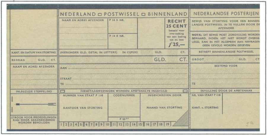Afbeelding 3: een postwisselformulier uit 1957, een postwaardestuk met een tekst die het betaalde recht aanduidt Afbeelding 3a: "RECHT 25 CENT betaald voor overmaking van een bedrag tot en met ƒ25,-"