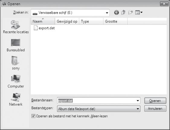 dat") in de hoofddirectory van het USB-opslagapparaat is opgeslagen, wordt een zoekvenster weergegeven. Als dit het geval is, gaat u naar stap 7. Als het bestand met albuminformatie ("export.