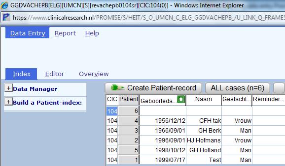 2.3 Een ingevoerde patiënt zoeken - Klap in het tabblad Data Entry -Index het scherm Build a Patient-index open, en klik vervolgens op Get all cases (refresh).