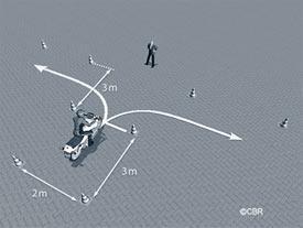 Wegrijden uit parkeervak: Bij deze oefening rijdt de motorrijder vanuit stilstand uit een parkeervak weg waarna hij een haakse bocht maakt en