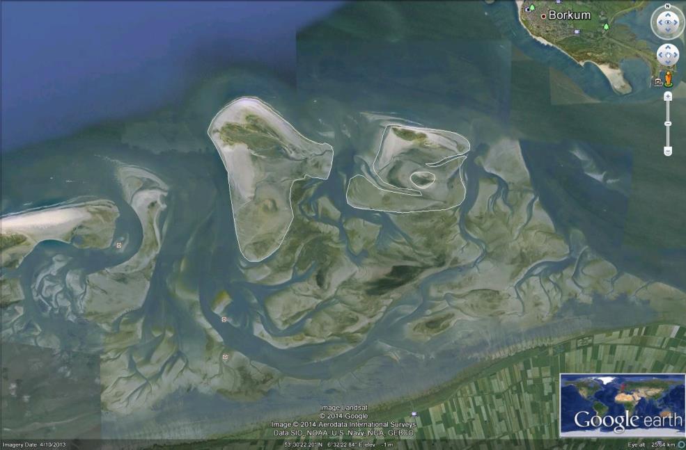 Horsborngat Sparre- gat Simonszand Zuiderduin Figuur 1.1 Boven: Satellietfoto uit 2013 van het gebied tussen Schiermonnikoog en de monding van de Eems (bron: Google Earth).