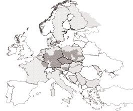 Figuur 3 Verspreiding van Smicronyx smreczynskii in Europa. Lichtgrijs: gebaseerd op landsgrenzen, donkergrijs: gebaseerd op regionale grenzen.