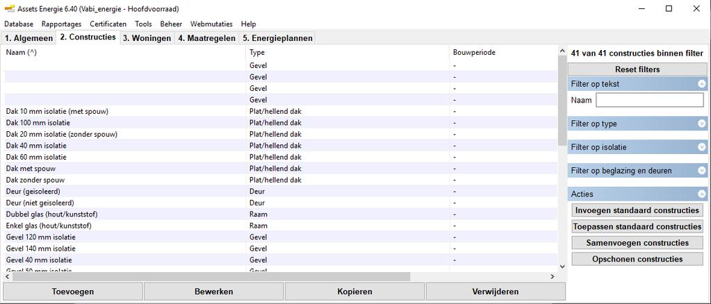 Constructiebeheer Voor het toevoegen en toepassen van standaard constructies was er in voorgaande versies van Vabi Assets Energie een apart beheerscherm.