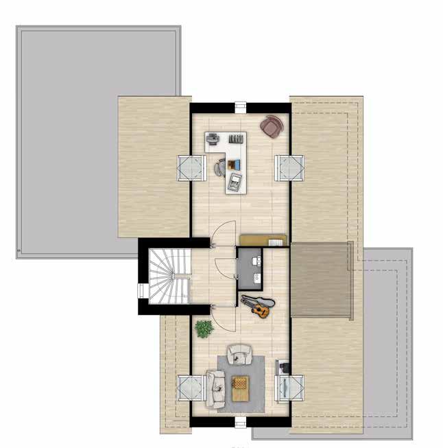 Een deel van de kamers heeft een sfeervolle schuine kap. U kunt ook kiezen voor vier slaapkamers op de eerste etage. De vrij indeelbare zolder biedt ruimte aan nog twee optionele kamers.