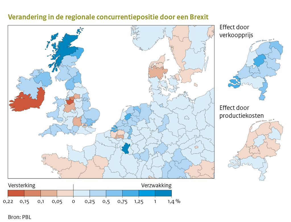 Gemiddelde verandering in de regionale concurrentiepositie door een Brexit De verandering in concurrentiepositie betreft hier de procentuele verandering in de kosten ten opzichte van de concurrenten.