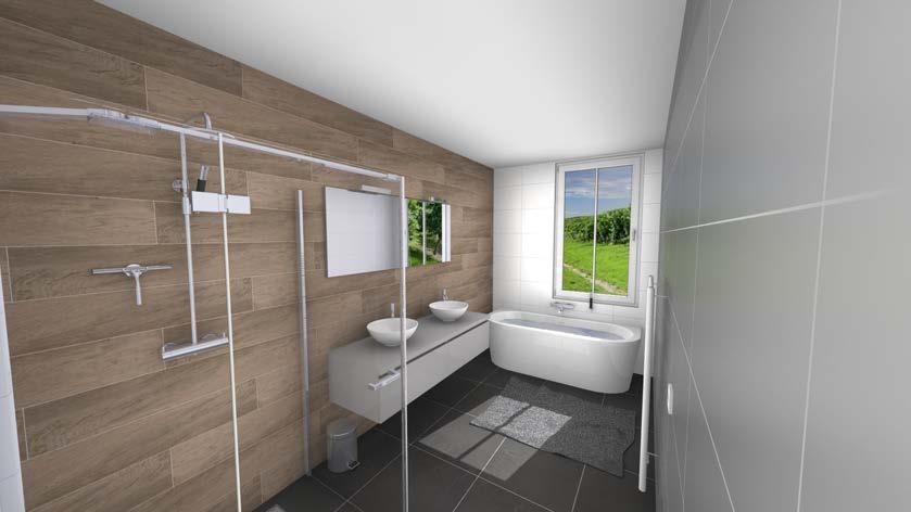 Badkamer-Toilet opstelling Bouwnummer 1, 3, 4, 5, 7 (2, 6 gespiegeld) luxe Bij deze luxe badkameropstelling hebben wij gekozen voor twee opzetkommen om een ruimtelijk effect te creëren.