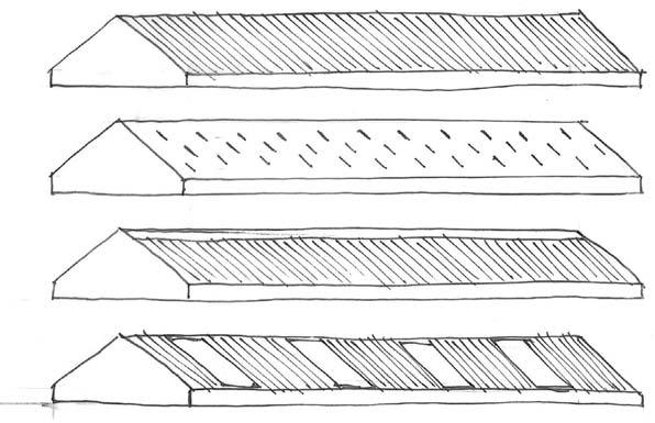 Gevelafwerking hout of houtachtig - Eén dakvolume, niet geleed per gebouw geen ramen