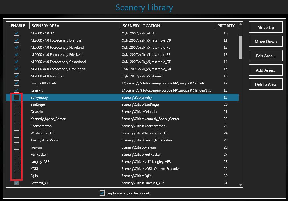 Nieuwe scenery selectie maken: Ga in Lockheed-Martin P3D naar SETTINGS, LIBRARY Haal de vinkjes weg bij scenery waar je niet gaat vliegen, bv.