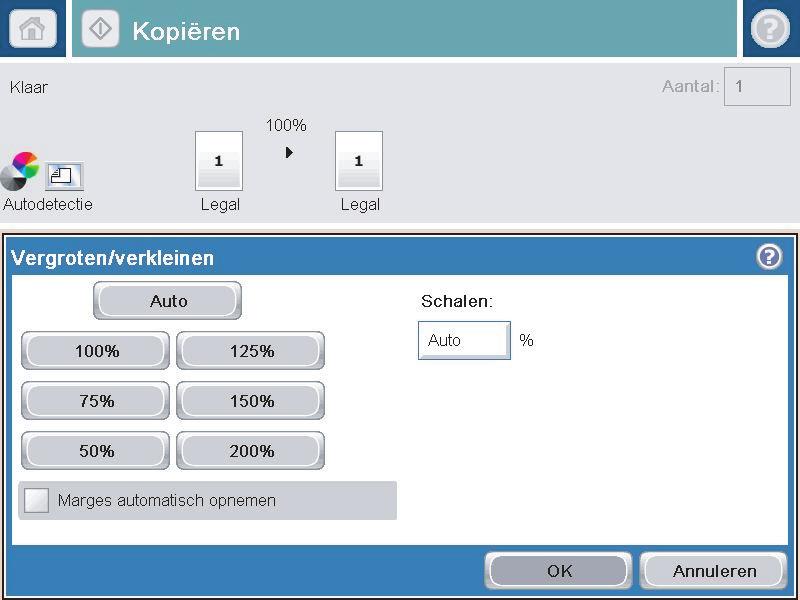 3. Selecteer een van de gedefinieerde percentages of raak het veld Schalen aan en typ een percentage tussen 25 en 200 wanneer u de documentinvoer gebruikt, of tussen 25 en 400 wanneer u vanaf de