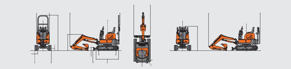 TECHNISCHE GEGEVENS AFMETINGEN A J G Inschuifbare rolstang J C D B K B I G 200 E H F C Opmerking: Op de afbeelding wordt de ZX10U-2 weergegeven met 0,81 m arm en 180 mm rubberen tracks.