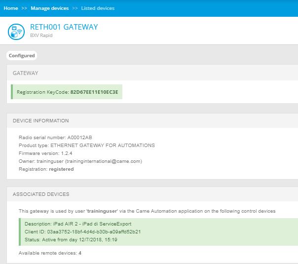 4. GEAVANCEERD BEHEER VAN SMARTPHONES DOOR DE OWNER Selecteer de gateway (op de pagina met de lijst apparaten in het menu voor het beheer van de apparaten) Bij het item gekoppelde apparaten staan de