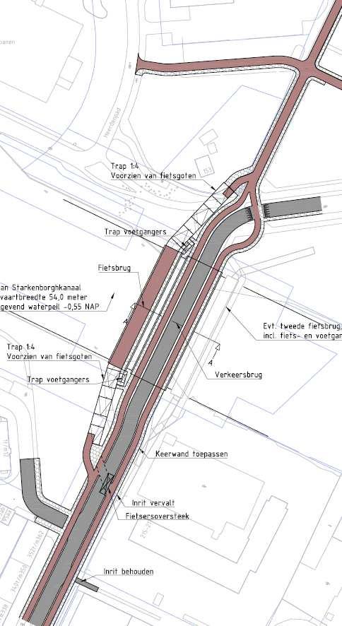 Fietspad aan 2 kanten (1 vaste fietsbrug+oversteek)