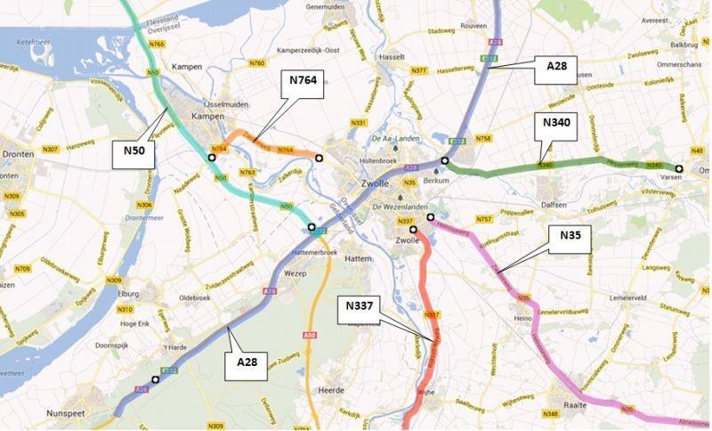 11. Zwolle-Kampen 11.1 Inleiding In dit hoofdstuk komen de resultaten van Zwolle-Kampen aan bod. Allereerst wordt gekeken naar het gebruik van de wegen. Hoe vaak rijdt men op de genoemde trajecten?