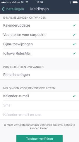 Vink dan Kalenderupdates voor ritaanvragen uit Wil je niet dat een gematchte rit in je agenda komt te staan? Vink dan Kalender e-mail uit. Hiervoor moet je eerst je telefoon geverifieerd hebben.