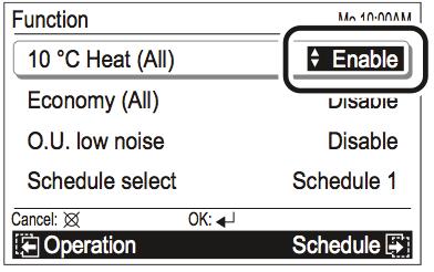 Selecteer 0 C Warmte (Alle) met de [Cursorknop (Links/Rechts)] en druk op de [Enterknop]. De in te stellen items zijn gemarkeerd.