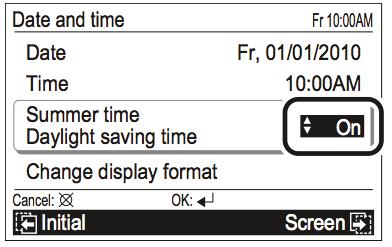 De in te stellen items (Aan of Uit) worden gemarkeerd. Stel in met de [Cursorknop (Omhoog/Omlaag)]. Het scherm Displayformaat veranderen verschijnt.