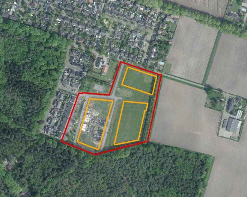 Figuur 2: Luchtfoto met begrenzing plangebied (bron: bureau Verkuylen) Bureau Verkuylen heeft het vigerende bestemmingsplan Spechtenlaan II uit 2011 in opdracht van de gemeente Uden voorbereid.