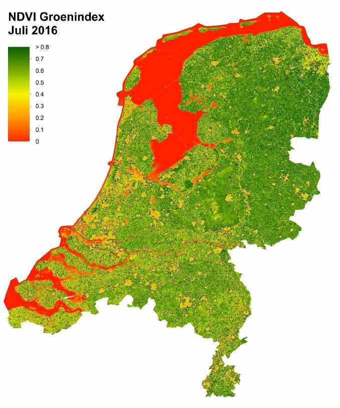 Groenste gemeente Een van de dingen die je dus met satellietbeelden kan, is kijken wat er op de aarde is. Gerbert Roerink liet zien hoe de WUR bepaalt wat de groenste gemeente van Nederland is.