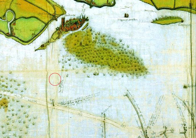 Wielwijk Parkrand, Dordrecht Ondergronds 83 Afb. 5. Het onderzoeksgebied bij benadering weergegeven op een kaart van Pieter Sluyter uit circa 1560 (RAD, inventarisnr. 552_321042).
