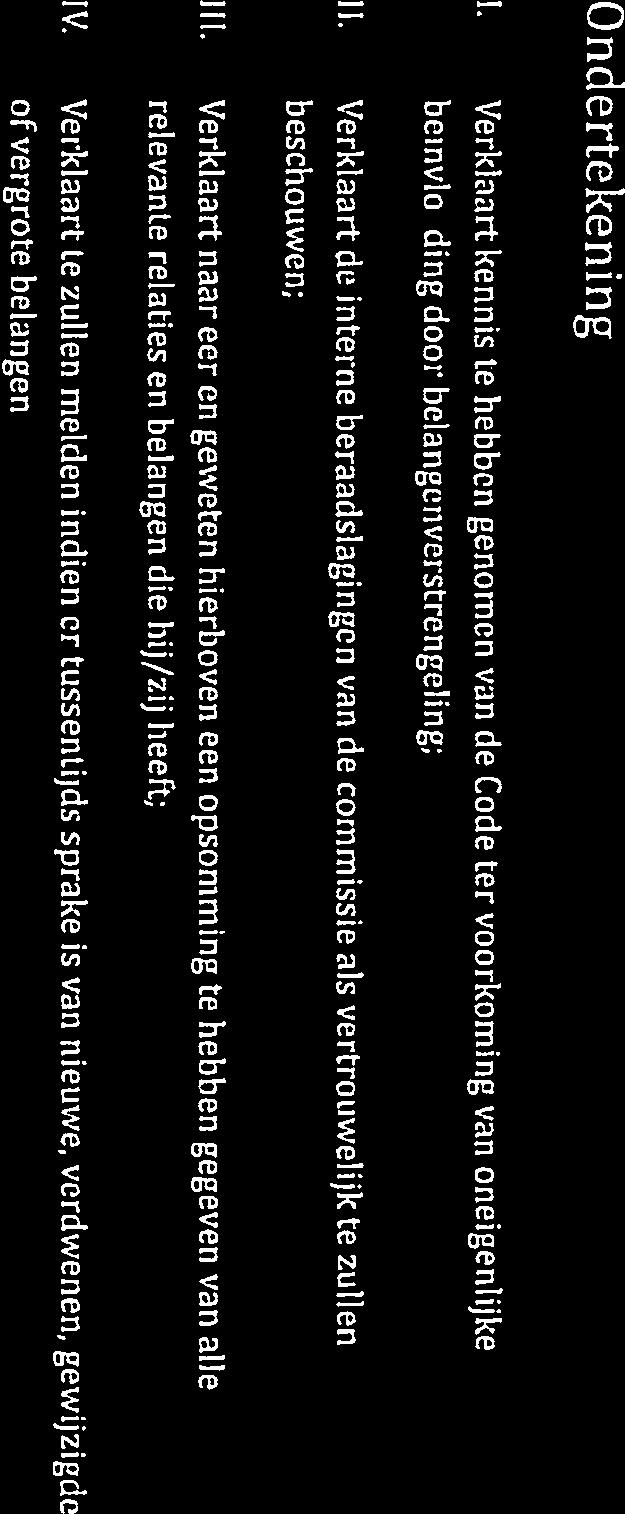 Ondertekening 1. Verklaart kennis te hebben genomen van de Code ter voorkoming van oneigenlijke beïnvloeding door belangenverstrengeling; 11.