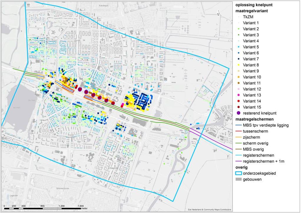 Afbeelding 5.12. Benodigde maatregel voor oplossen knelpunt Uit afbeelding 5.12 blijkt dat met variant 15 bij de flats aan de Meander niet voldaan kan worden aan de toetswaarde.