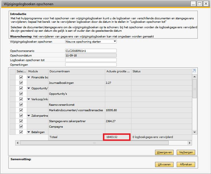 In de titel van het scherm staat de versienummer van het document. Wijzigingslogboeken opschonen vanaf SAP Business One 9.3 Vanaf versie 9.