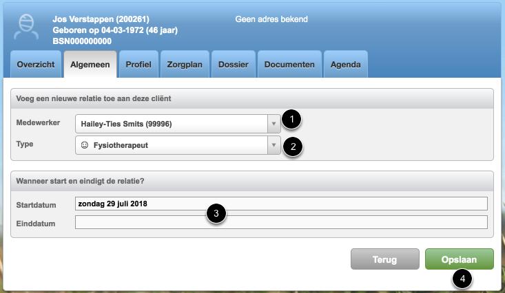 Je kan nu de medewerker relatie gaan vastleggen: 1. Zoek jezelf op als medewerker binnen ONS 2. Kies het type relatie (Fysio, ergo, logo... etc.) 3.