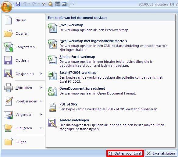 1.2 Macro s inschakelen in Excel 2007 Klik vervolgens op het Officelogo linksboven in de hoek van het scherm en klik op Opties voor Excel.