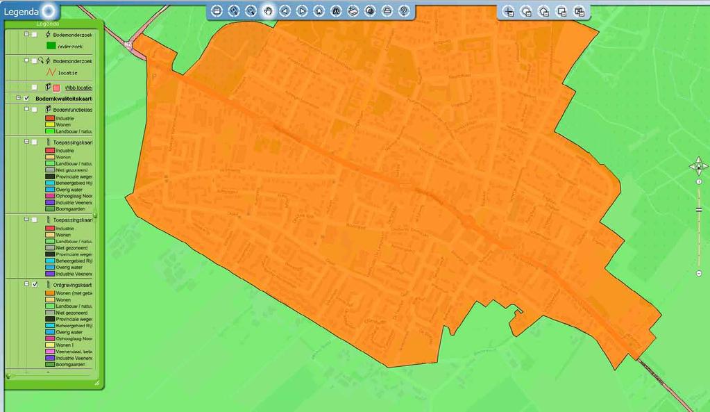 Bijlage 6: Ontgravingskaart bovengrond (oranje = wonen met gebiedsspecifiek beleid voor PCB's, groen = landbouw /